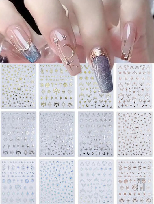 12 pcs Star Moon Nail Stickers 3D Gold, Silver, Rose Gold Boho Style Sun Love Heart Design Self Adhesive Slider Nail Art Decoration T.H EMPOWERBEAUTY